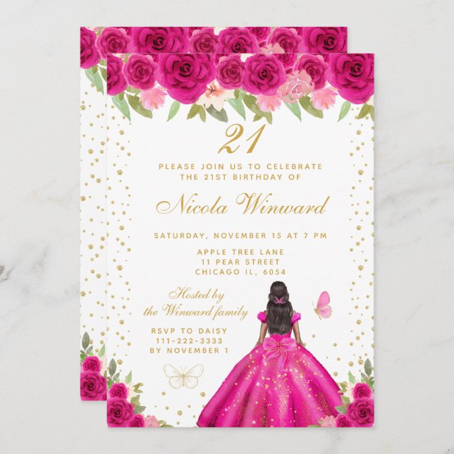 Hot Pink Floral Dark Skin Princess Birthday Party Invitation (Front/Back)