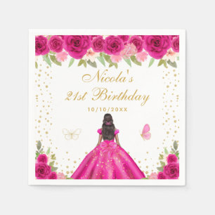 Hot Pink Floral Dark Skin Princess Birthday Party Napkin