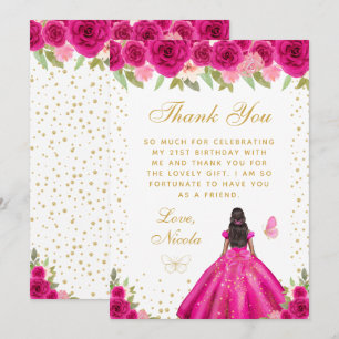 Hot Pink Floral Dark Skin Princess Birthday Party Thank You Card
