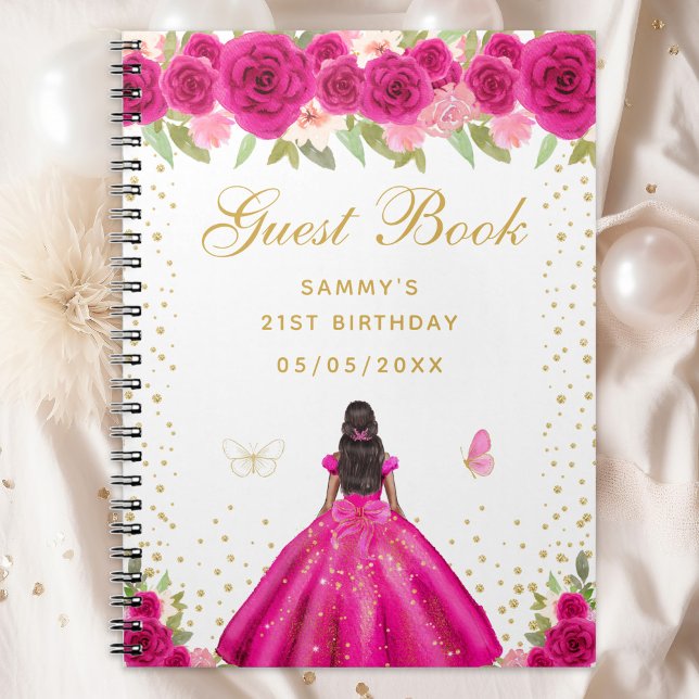 Hot Pink Floral Dark Skin Princess Guest Book (Creator Uploaded)