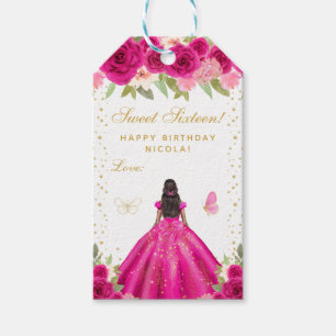 Hot Pink Floral Dark Skin Princess Sweet Sixteen Gift Tags