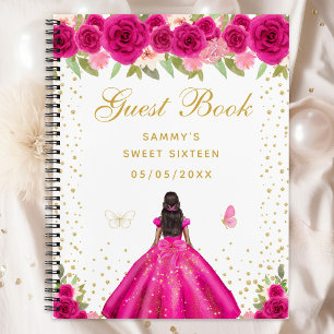 Hot Pink Floral Dark Skin Princess Sweet Sixteen Notebook
