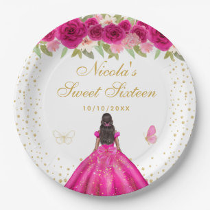 Hot Pink Floral Dark Skin Princess Sweet Sixteen Paper Plate