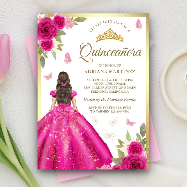 Hot Pink Floral Dress Butterfly Gold Quinceanera Invitation (Creator Uploaded)
