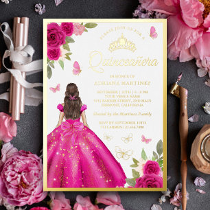 Hot Pink Floral Dress Butterfly Quinceanera Gold