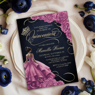 Hot Pink Floral Dress Quinceañera Invitation