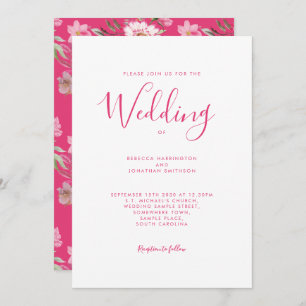 Hot Pink Floral Elegant Watercolor Wedding Invitation