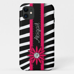 Hot Pink Floral Gem & Zebra Pattern iPhone 11 Case