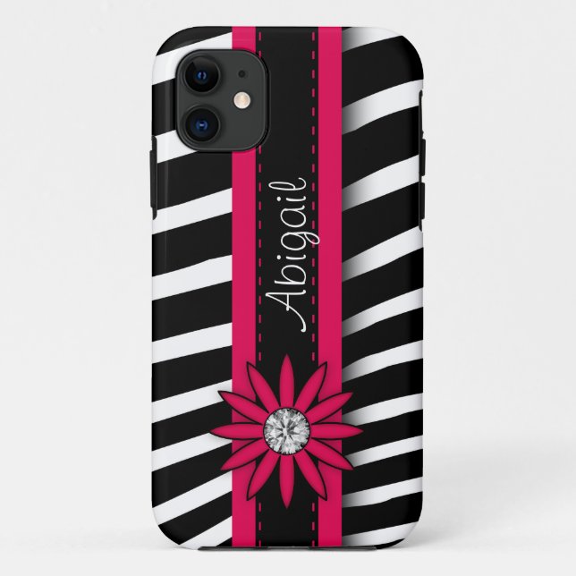 Hot Pink Floral Gem & Zebra Pattern Case-Mate iPhone Case (Back)