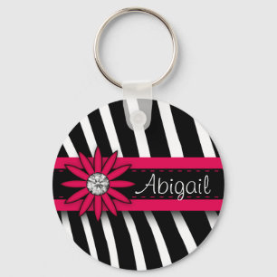 Hot Pink Floral Gem & Zebra Pattern Key Ring