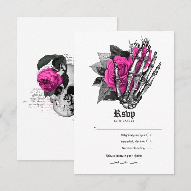 Hot-Pink Floral Gothic Wedding RSVP Card (Front/Back)
