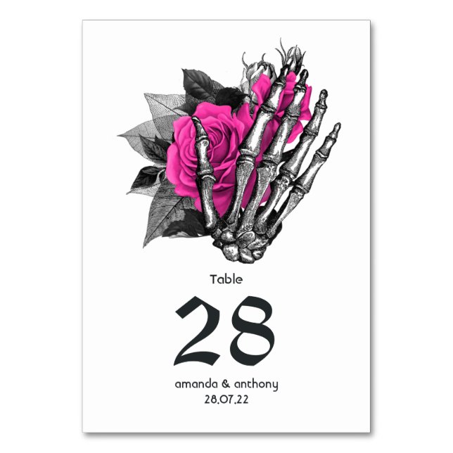 Hot-Pink Floral Gothic Wedding Table Number (Front)