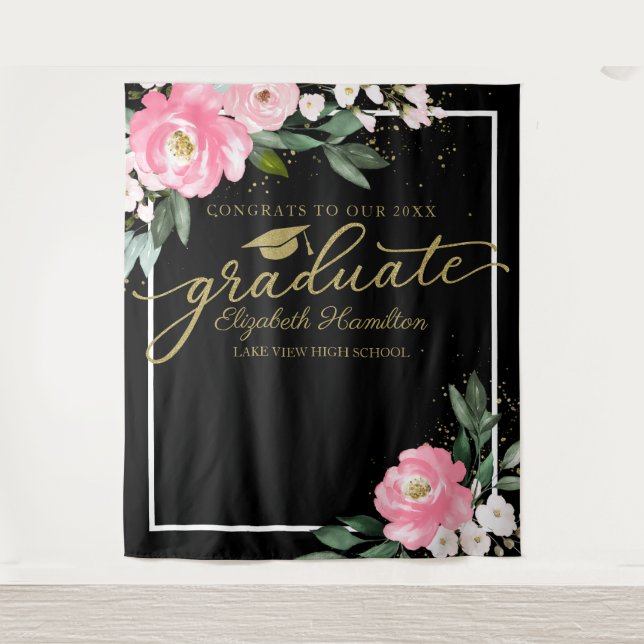 Hot Pink Floral Graduation Party Photo Backdrop Tapestry (Front)