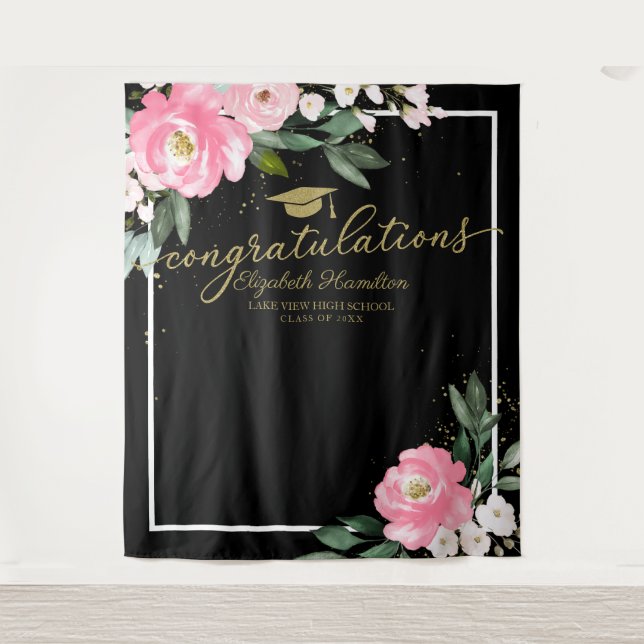 Hot Pink Floral Graduation Party Photo Backdrop Tapestry (Front)