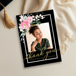 Hot Pink Floral Graduation Photo Thank You 
