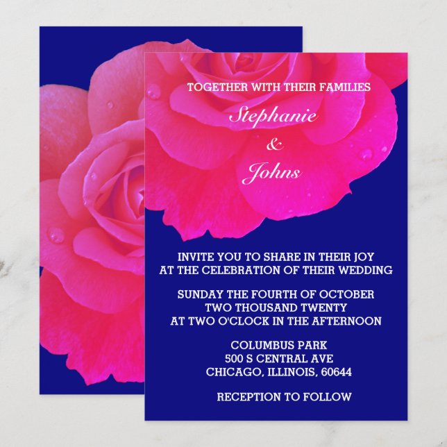Hot Pink Floral Navy Blue Rose Flower Wedding Invitation (Front/Back)