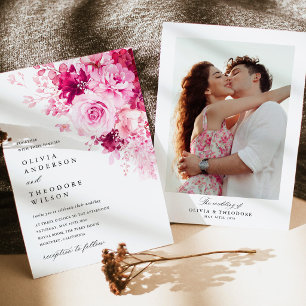 Hot Pink Floral Photo Back Wedding Invitation