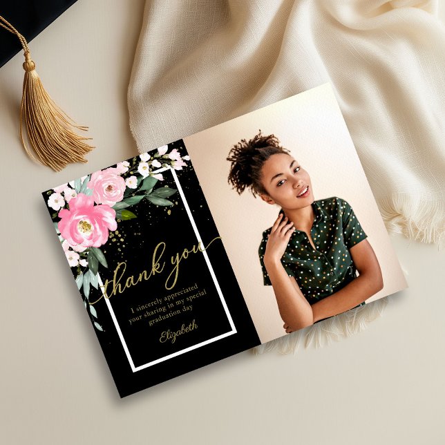 Hot Pink Floral Photo Graduation Thank You Card (Creator Uploaded)
