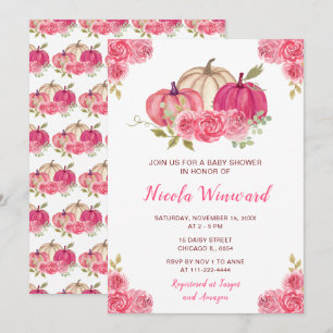 Hot Pink Floral Pumpkins Baby Shower Invitation