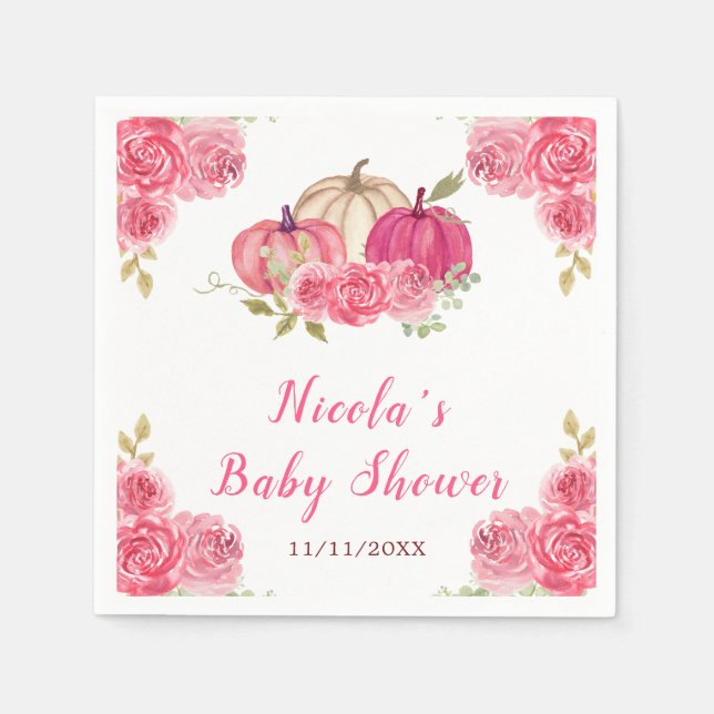 Hot Pink Floral Pumpkins Baby Shower Napkin (Front)