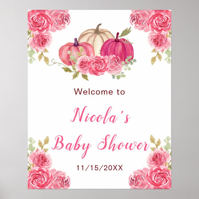 Hot PInk Floral Pumpkins Baby Shower Poster (Front)