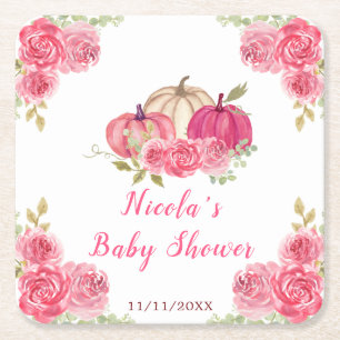 Hot Pink Floral Pumpkins Baby Shower Square Paper Coaster