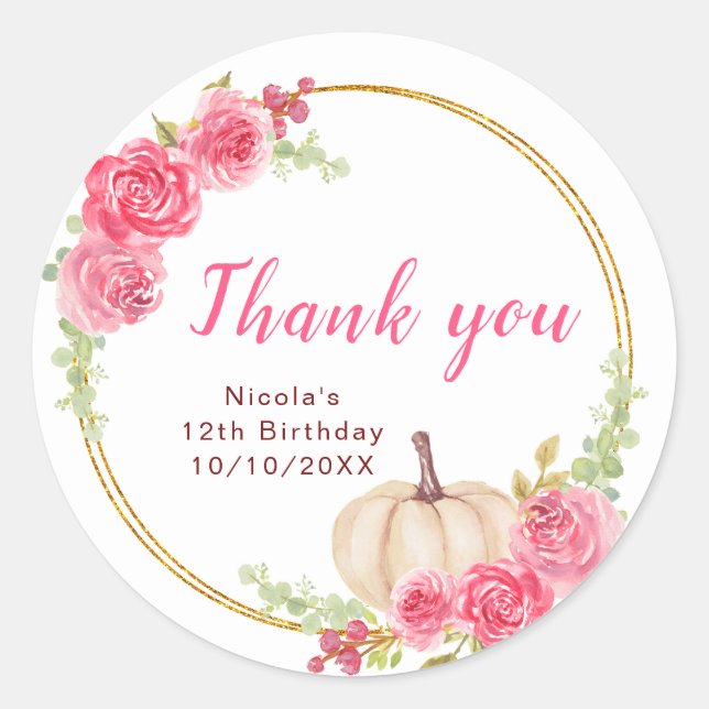 Hot Pink Floral Pumpkins Birthday Classic Round Sticker (Front)