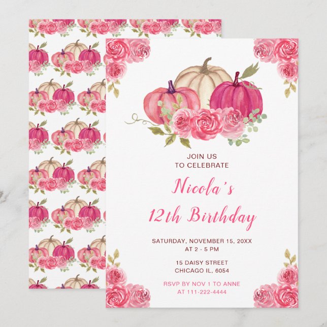 Hot Pink Floral Pumpkins Birthday Invitation (Front/Back)