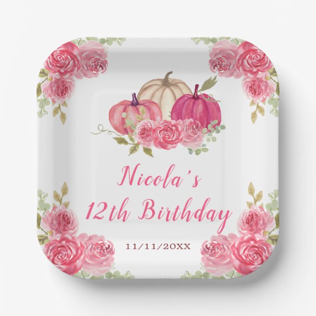 Hot Pink Floral Pumpkins Birthday Paper Plate (Front)