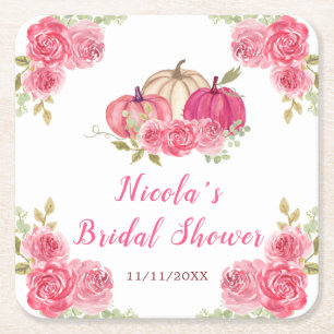 Hot Pink Floral Pumpkins Bridal Shower Square Paper Coaster