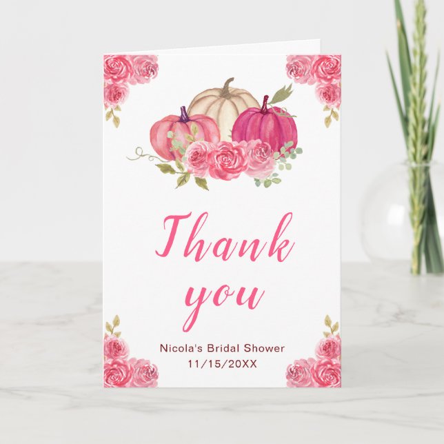 Hot Pink Floral Pumpkins Bridal Shower Thank You Card (Front)
