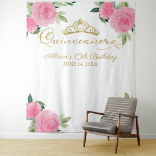 Hot Pink Floral Quinceanera Backdrop Tapestry