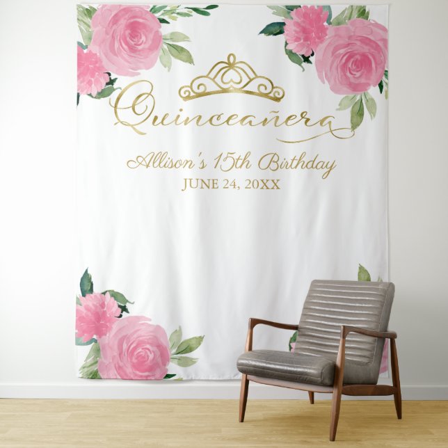 Hot Pink Floral Quinceanera Backdrop Tapestry (In Situ)