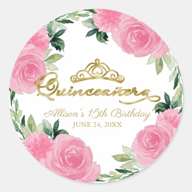Hot Pink Floral Quinceanera  Classic Round Sticker (Front)
