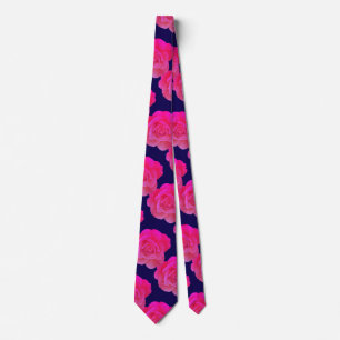 Hot Pink Floral Rose Flowers Navy Blue Gift Favor Tie