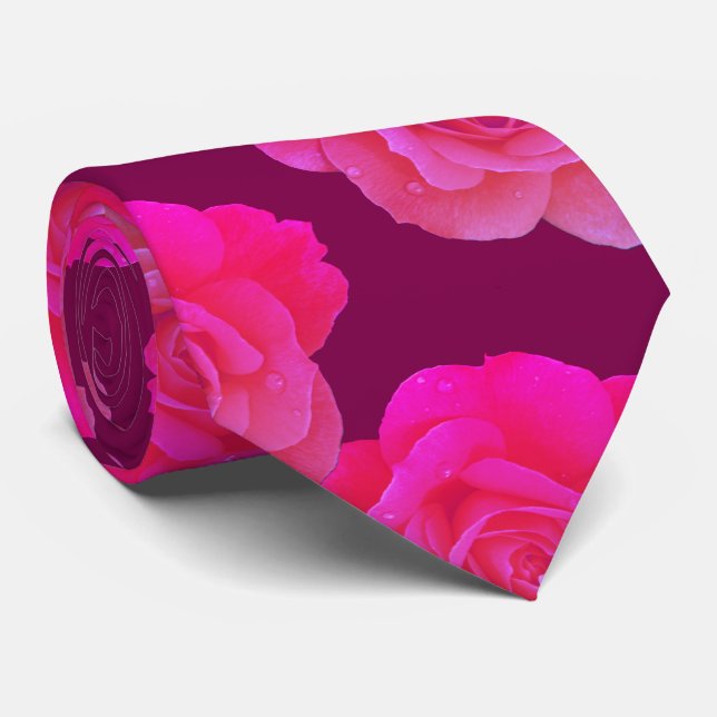 Hot Pink Floral Rose Flowers Wine Red Maroon Gift Tie (Rolled)