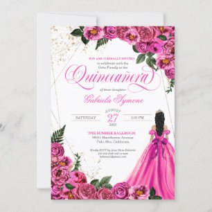Hot Pink Floral Rose Gold Elegant Gown Quinceañera Invitation