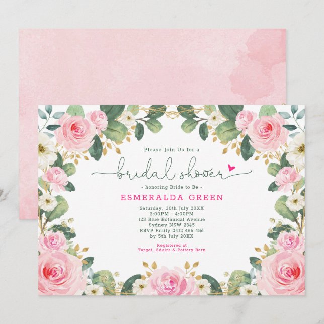 Hot Pink Floral Rose Greenery Garden Bridal Shower Invitation (Front/Back)