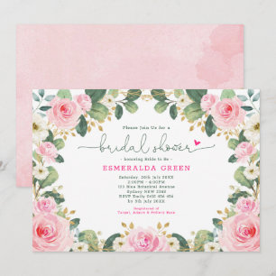 Hot Pink Floral Rose Greenery Garden Bridal Shower Invitation