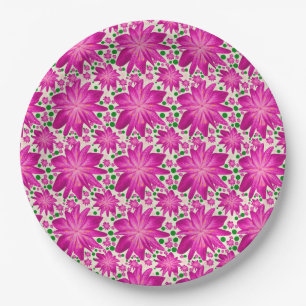 Hot Pink Floral Seamless Pattern Paper Plate