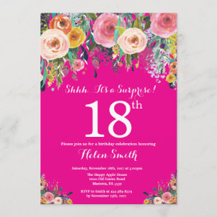 Hot Pink Floral Surprise 18th Birthday Invitation