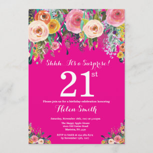 Hot Pink Floral Surprise 21st Birthday Invitation