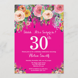 Hot Pink Floral Surprise 30th Birthday Invitation