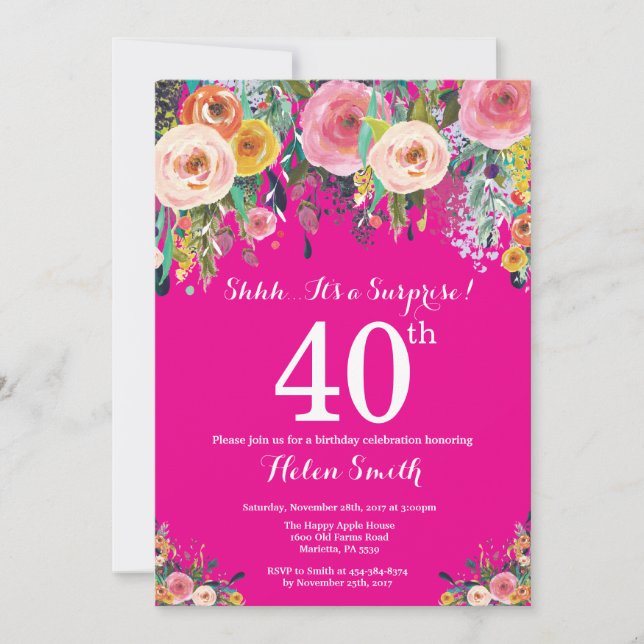 Hot Pink Floral Surprise 40th Birthday Invitation (Front)