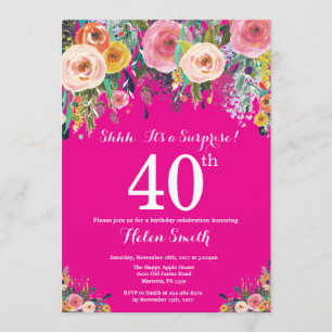 Hot Pink Floral Surprise 40th Birthday Invitation