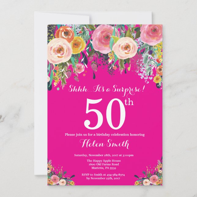 Hot Pink Floral Surprise 50th Birthday Invitation (Front)