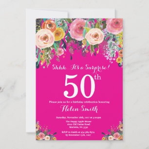 Hot Pink Floral Surprise 50th Birthday Invitation