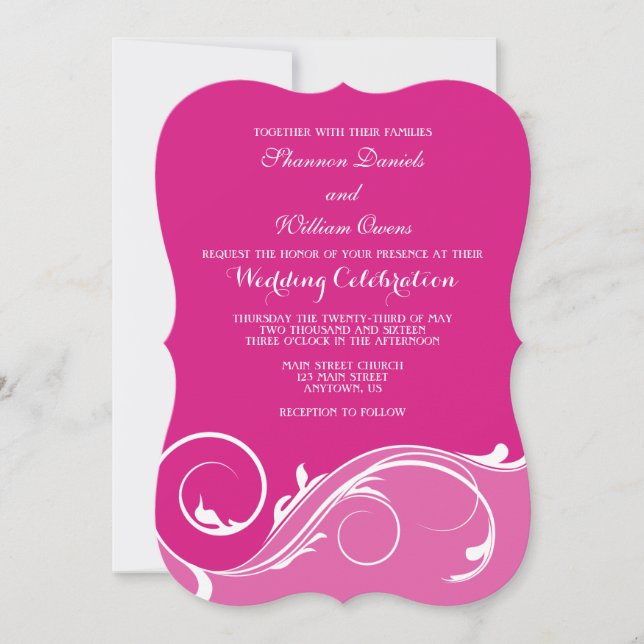 Hot Pink Floral Swirl Bracket Wedding Invites (Front)