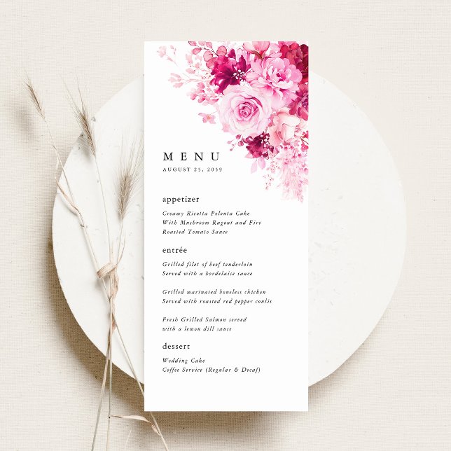 Hot Pink Floral Wedding Reception Dinner Menu (Hot Pink Floral Wedding Menu Card, Pink Rose Peony Reception Menu, Elegant Garden Wedding Decor)