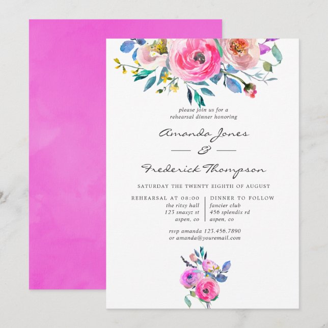 Hot-Pink Floral Wedding Rehearsal Dinner Invitation (Front/Back)